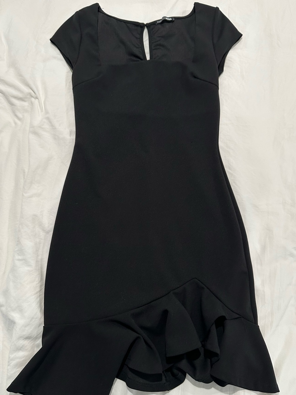 Fashion Nova Black Cap-Sleeve Ruffle-Hem Mini Dress